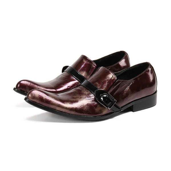 

dress shoes patent leather man fashion slip on oxfords for men genuine punk buckle chain formal party wedding, Black