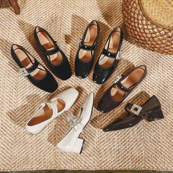 

mary jane shoes rhinestone square buckle shallow mouth shoes french small fairy thick heel one word buckle single, Black