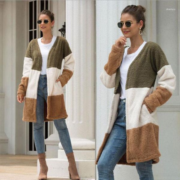 

streetwear multicolor open front color block teddy long sleeve coat winter modern lady elegant women outerwear with pocket1, Black