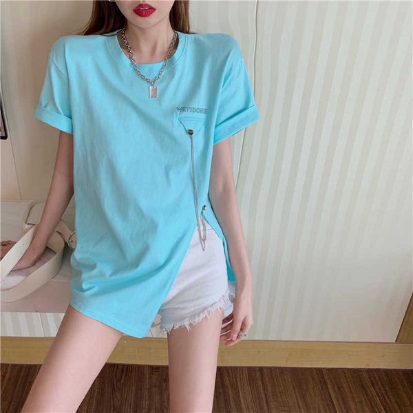 

summer fashion design sense split t-shirt loose long chain pendant short-sleeved casual 210531, White