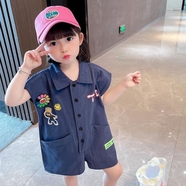 

trousers children's online celebrities pure color single-breasted jumpsuit korean version of the lapel daisy print, Blue