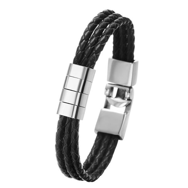 

link, chain 10pcs/lot leather bracelets for men women 3 rope chains customizable stainless steel beads wholesale bulk, Black