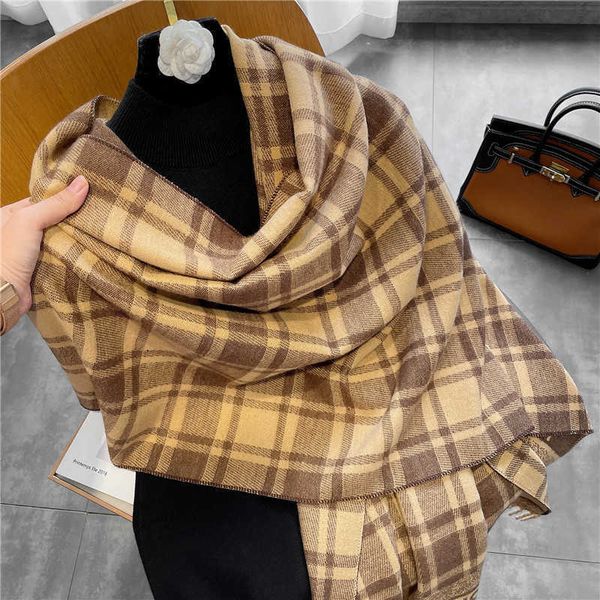 

korean autumn and winter imitation cashmere thickened warm lattice color matching scarf women's outer cape, Blue;gray