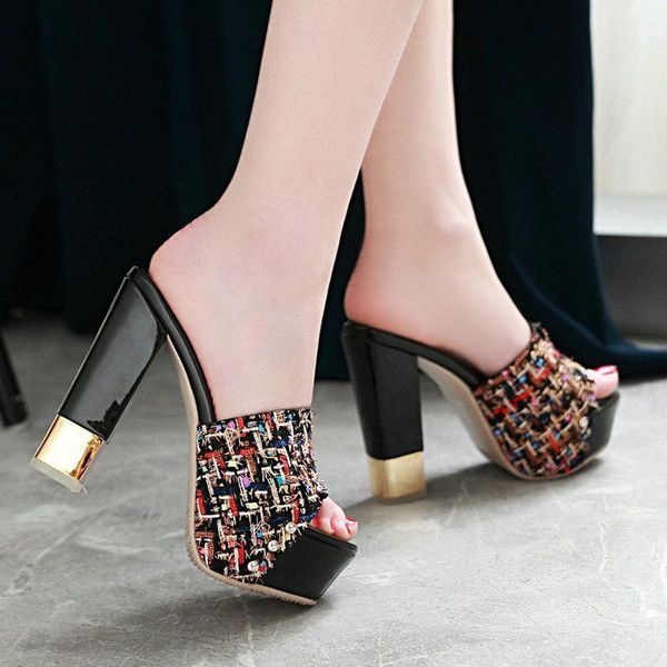 

platform women sandals summer square high heels slipper party casual shoes ladies big size 33-43 dress, Black