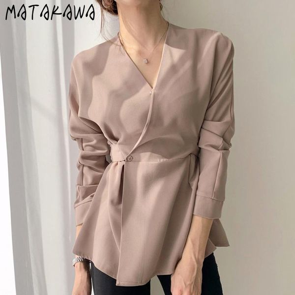 

women's blouses & shirts matakawa long sleeve blusas mujer de moda 2021 korean vintage v-neck solid color blouse slim waist closing wom, White