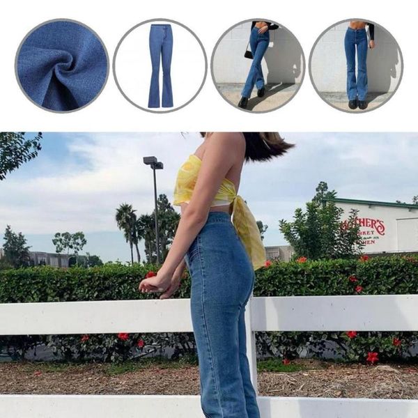 

women's jeans casual striped high waist denim pants women flare for office, Blue