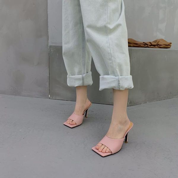 

thin high heels sandals slippers female shoes flip flops 2021 summer woman square toe ladies heel mules, Black