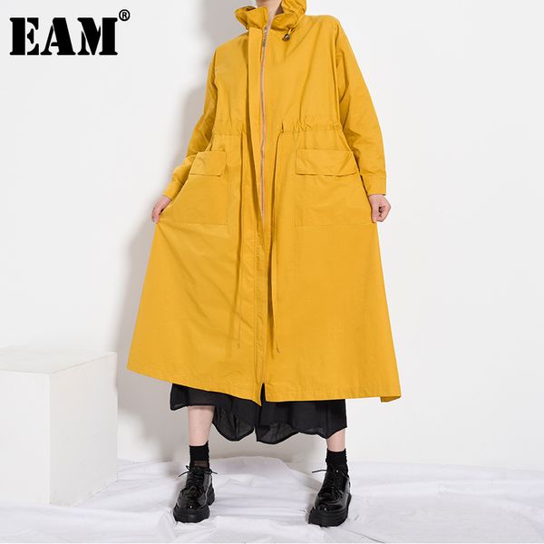 

[eam] women yellow drawstring big size long trench stand collar long sleeve loose fit windbreaker fashion spring jo404 21512, Tan;black