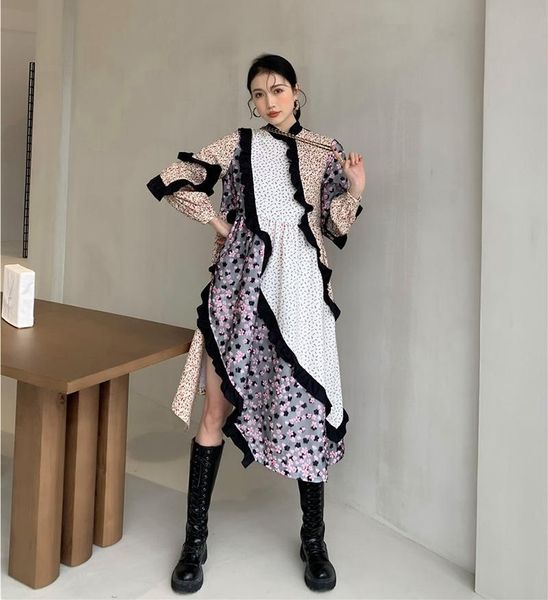 

casual dresses women's spring chiffon dress 2021 autumn women long sleeve patchwork printed flower ladies party clothes, Black;gray
