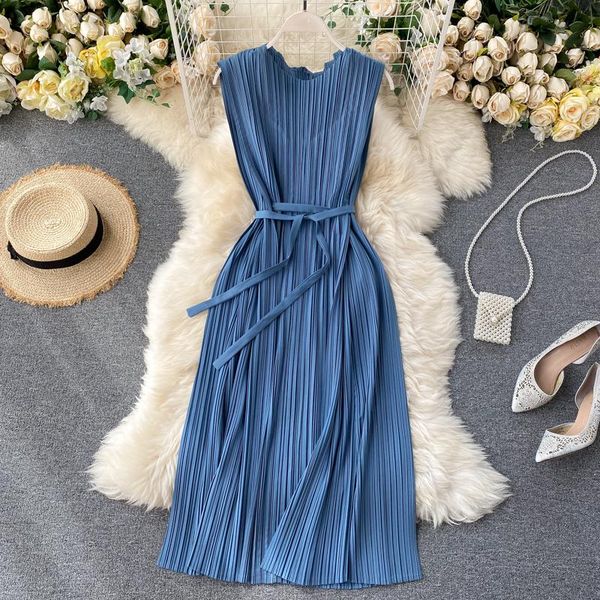 

fashion women's clothing o-neck pleated sleeveless women dress dresses casual, Black;gray