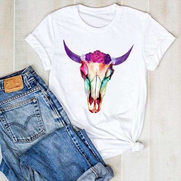 

cartoon cow heifer flower women fashion print summer tee clothes graphic, White