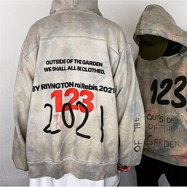 

vintage tie-dye nice washed hoodie men women 1 quality heavy fabric puff print pullover oversized sweatshirts, Black
