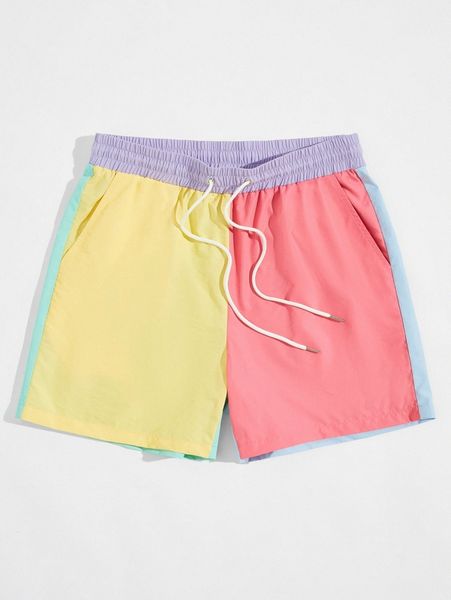 

men drawstring waist colorblock shorts 95bg#, Black
