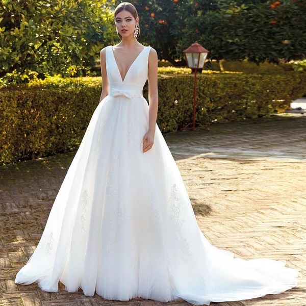 

other wedding dresses elegant deep v neck satin illusion tulle bridal gowns backless a line with bow sleeveless 2021, White