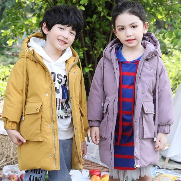 

down coat fashion boys and girls clothing mid-length hooded thickened children's jacket 6 solid colors, Blue;gray
