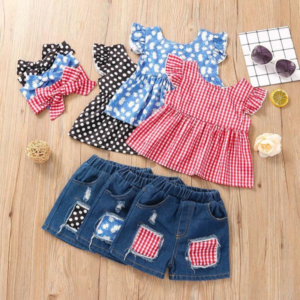 

3pc girls clothing sets 2021 toddler baby summer floral ruffled button +ripped denim shorts children outfits 6m-5t, White
