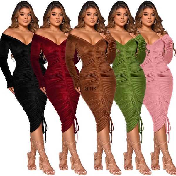 

casual dress for women velour fashion pleated velvet mini vestido terciopelo spring vintage long sleeve bodycon slim off shoulder party, Black;gray