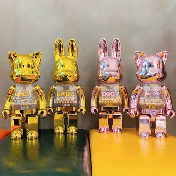 Neuer gewalttätiger Baustein Bearbrick Katze und Kaninchen Qianqiu 400 % Roségold zweifarbige Ornamente handgefertigte Blindbox Geschenk 28CM