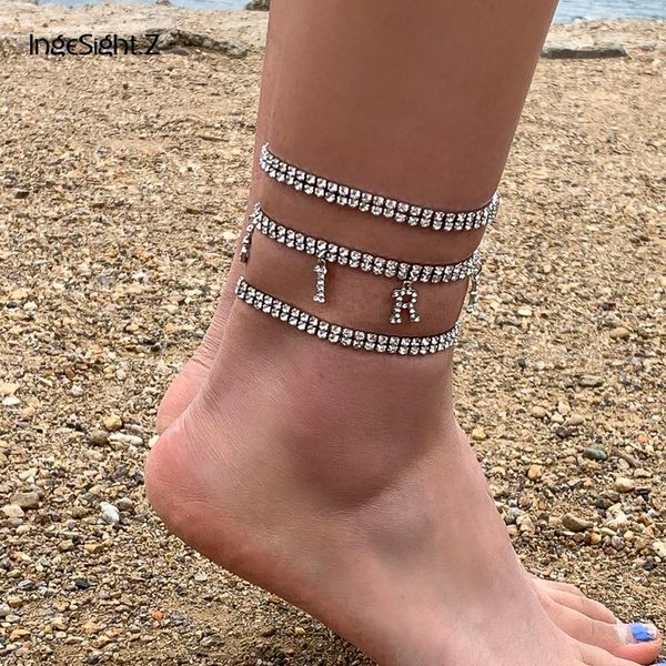 

anklets ingesight.z 3pcs/set rhinestones initial letter girl pendant crystal bracelets on foot barefoot sandals jewelry, Red;blue