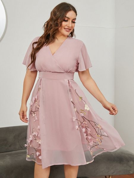 

plus chiffon plants embroidered appliques midi dress n2wm#, Black