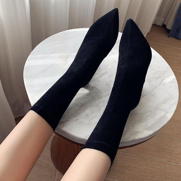 

women's boots pointed toe yarn elastic 9cm thin high heels sock beige black female faux suede ankle flock shoe