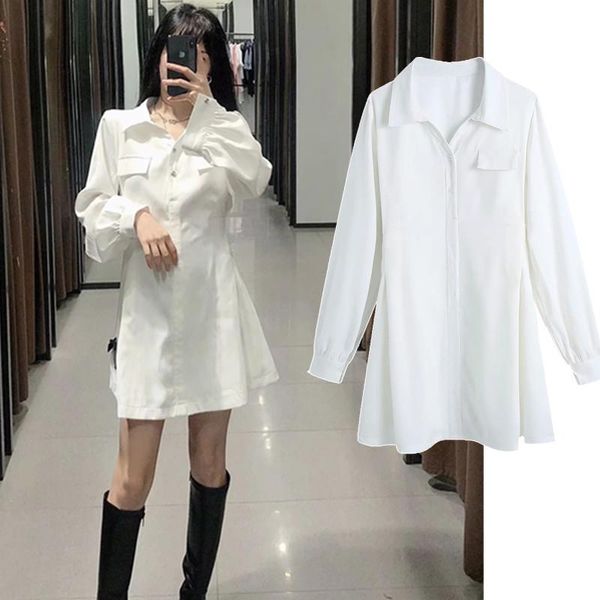 

casual dresses zbza early autumn fashion all-match lapel long sleeve simple urban style ladies shirt single-breasted slim mini dress, Black;gray