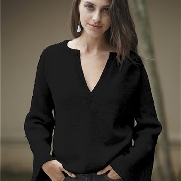 Outono inverno camisolas de malha de inverno pulôveres profundamente camisola solta V-pescoço para mulheres manga comprida preto jumper branco enorme knitwear 210604