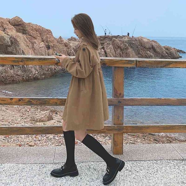 

2021windbreaker women's middle long 2021 spring and autumn new casual french double breasted korean loose small coat, Black