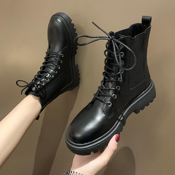 

boots winter shoes woman fashion autumn british wind in front lace wild tidal plus velvet w24-28, Black
