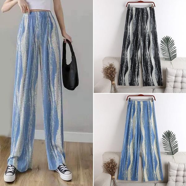 

women's pants & capris summer breathe vintage print for women pleated full length soft high waisted leisure chic ladies trousers, Black;white