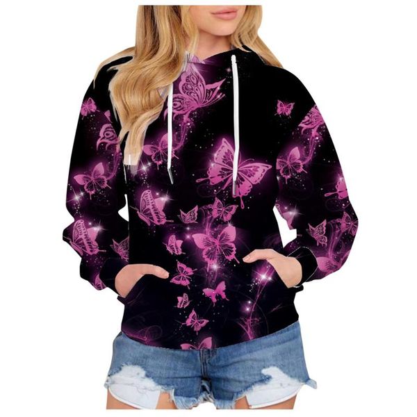 

women's hoodies & sweatshirts autumn winter fashion casual butterfly printed long-sleeved daily warm sports pullover sweatshirt, Black