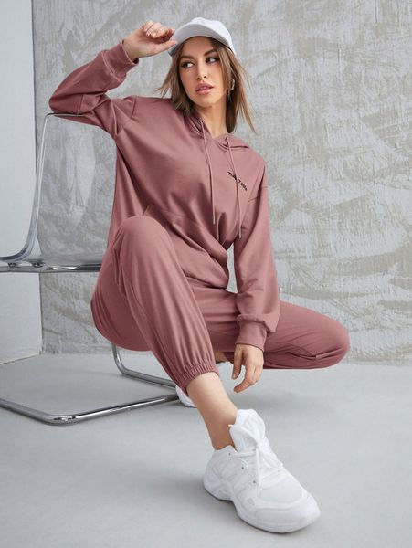 

letter embroidery drop shoulder drawstring hoodie & sweatpants 73io#, White