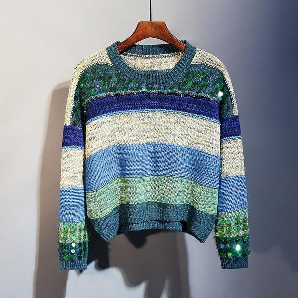 

sequined green striped sweater long sleeve elegant fashion o-neck oversized women knit sweaters and pullovers 2021 autumn winter women', White;black
