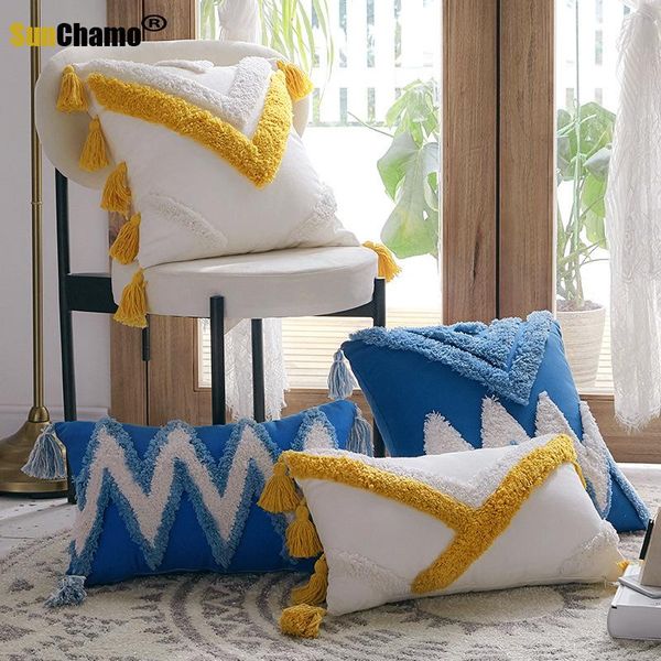 

cushion/decorative pillow handmade cushion cover moroccan style abstract navy blue pillowcase tassels fringe square rectangle