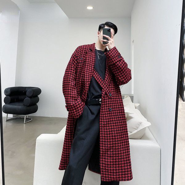 

new autumn witner classic bright silk plaid pattern mid length woolen overcoat for men double breasted thick clothes, Black