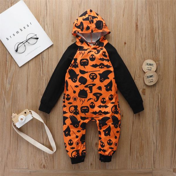 

infant baby boys girl halloween long-sleeved jumpsuit fall v-collar ghost pumpkin printed hooded casual holiday clothes jumpsuits, Blue