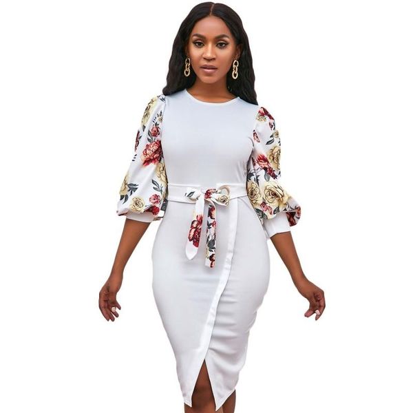 

casual dresses women elegant bodycon o neck three quater sleeves high waist office ladies work wear package hip african fashion autumn, Black;gray