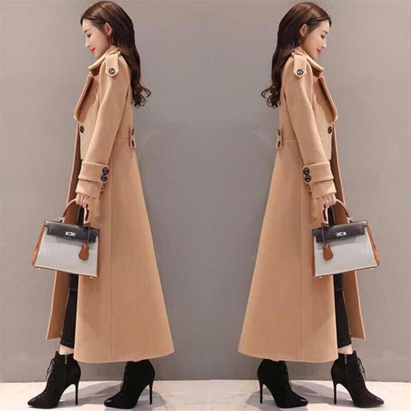 

women's wool & blends 2021 women long outerwear winter clothing fashion warm woolen blend slim female elegant single-breasted coat chaq, Black