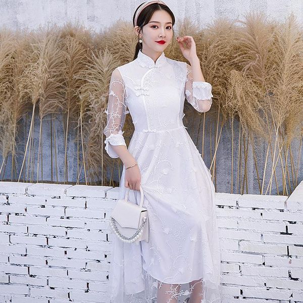 

white lace bride wedding party chinese dress elegant embroidery flowers cheongsam 3/4 sleeve mesh pleated dresses qipao skirt ethnic clothin, Red
