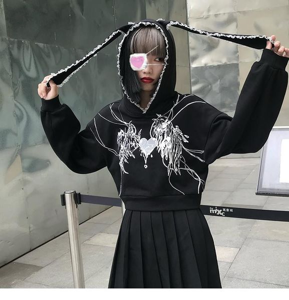 

spring autumn japanese women punk black print hoodies long sleeve gothic cute lace ears casual kawaii girl pullover women's & sweatsh s