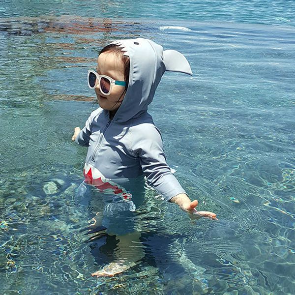 

children's boy girl shark sunscreen quick drying baby 1-3 years old long sleeve swimsuit, White;black