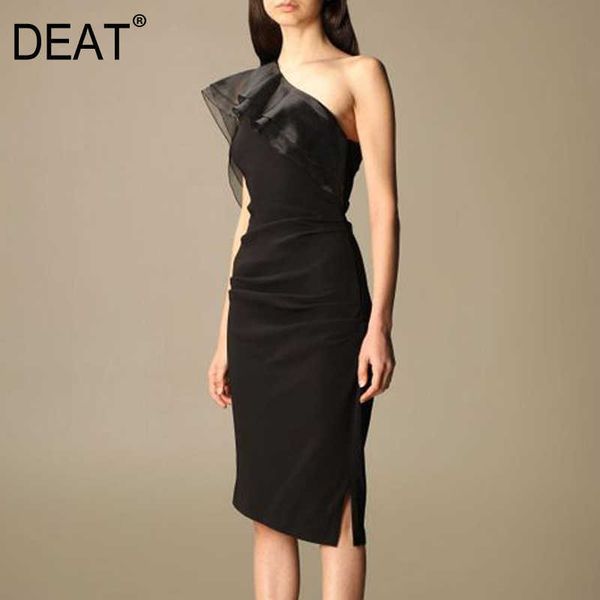 

[deat] summer fashion diagonal collar high waist knee-length ruffle sleeveless black elegant dress women 13c788 210527, Black;gray