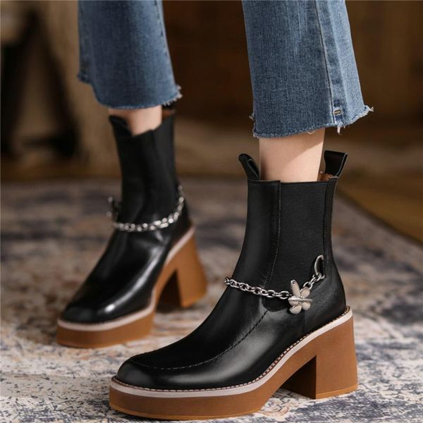 

boots chic chain shoes round toe booties women genuine leather high heel motorcycle female platform pumps casual, Black