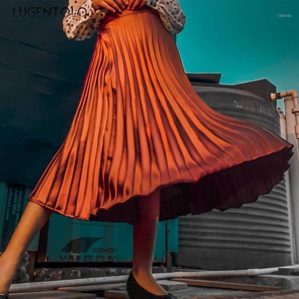 

skirts lugentolo elegant skirt women high waist pleated solid casual big swing ladies fashion temperament long, Black
