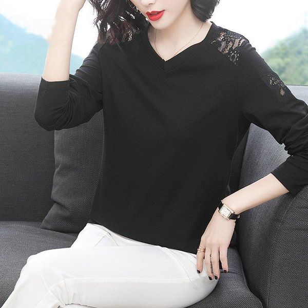 

plus size t-shirt cotton long sleeved tshirt women's spring autumn hollow lace loose casual ladies office jobs pullover, Black