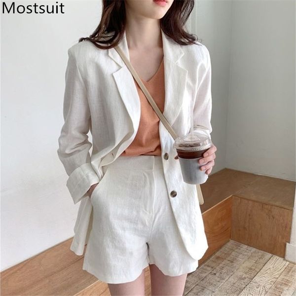 

korean fashion linen two piece blazer sets women long sleeve + shorts suits outfits casual elegant office ladies set 210518, White