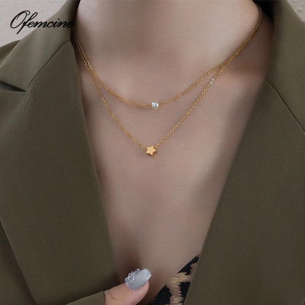 

pendant necklaces retro gold double chain pentagram pearl for women korean punk choker stainless steel jewelry summer accessory, Silver
