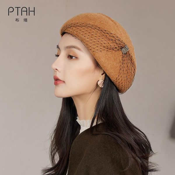 

berets [ptah] women beret 100% australian wool winter beanie hat cap vintage plain hats solid color lace elegant lady caps, Blue;gray