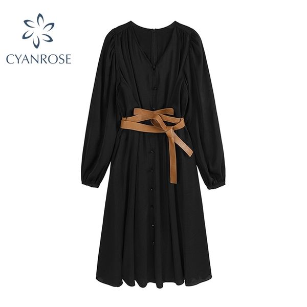 

long sleeve elegant french dress women high waist belt slim party black dresses v neck audrey hepburn casual holiday ins frocks 210430, Black;gray