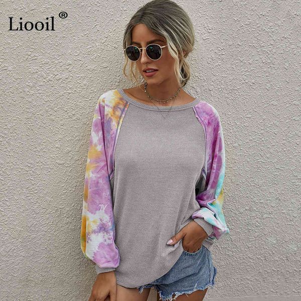 

t shirts casual loose tie dye shirt women long lantern sleeve o neck female autumn winter patchwork print pullovers 5abg, White